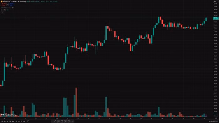 Sự giằng co giữa phe mua và phe bán tại vùng giá 79.000 USD trên khung H4 - Ảnh: TradingView/Bitstamp.